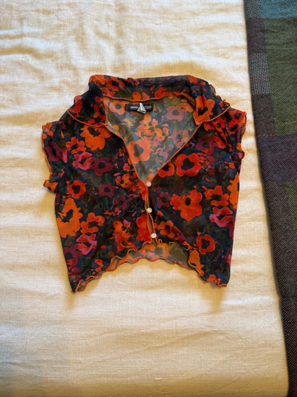 Urban Outfitters Floral Mesh Crop Top in Black, Orange, Red, Purple